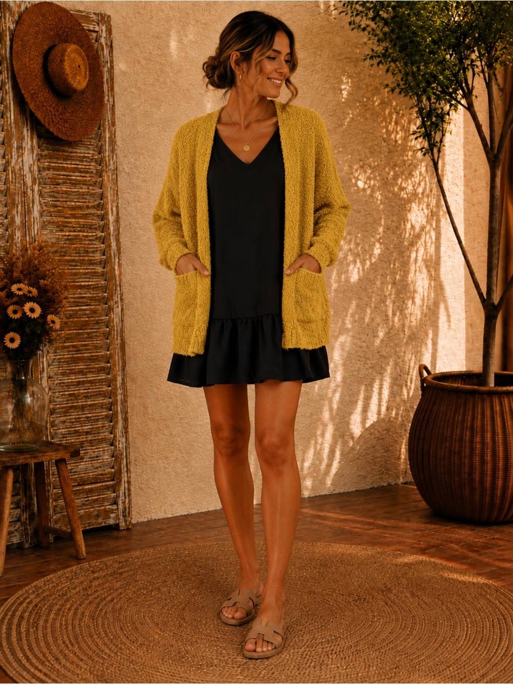 New Mittoshop All Sizes Mustard Textured Open-Front Pocket Cardigan